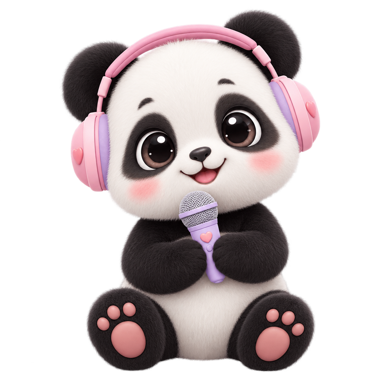 Cute panda wearing pink headphones and holding a microphone